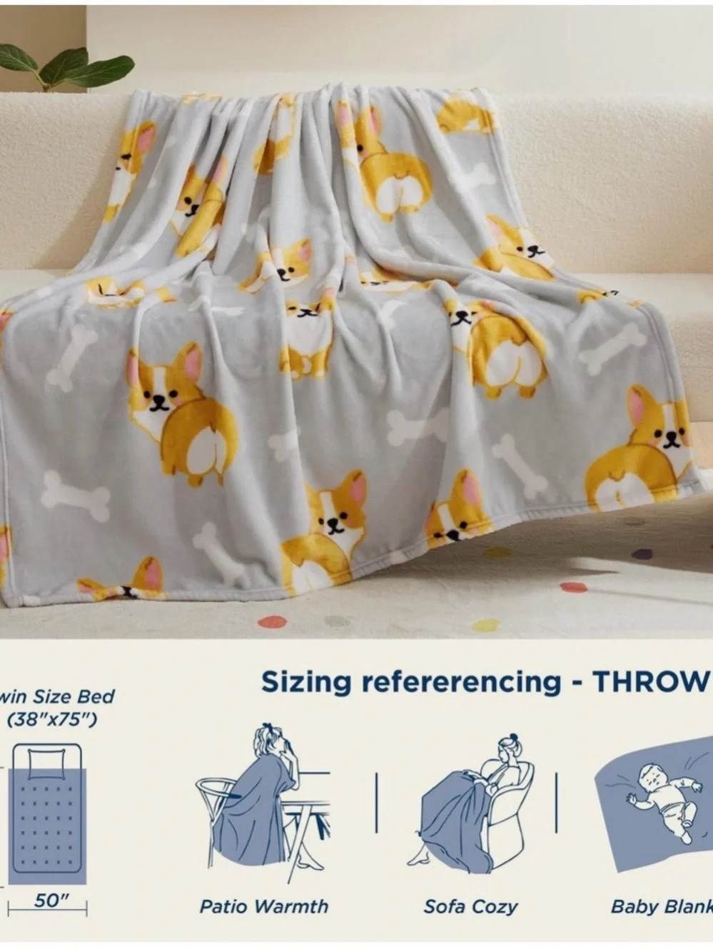 Plush Grey Corgi Throw Blanket - Soft Home Bedding 50”x60”